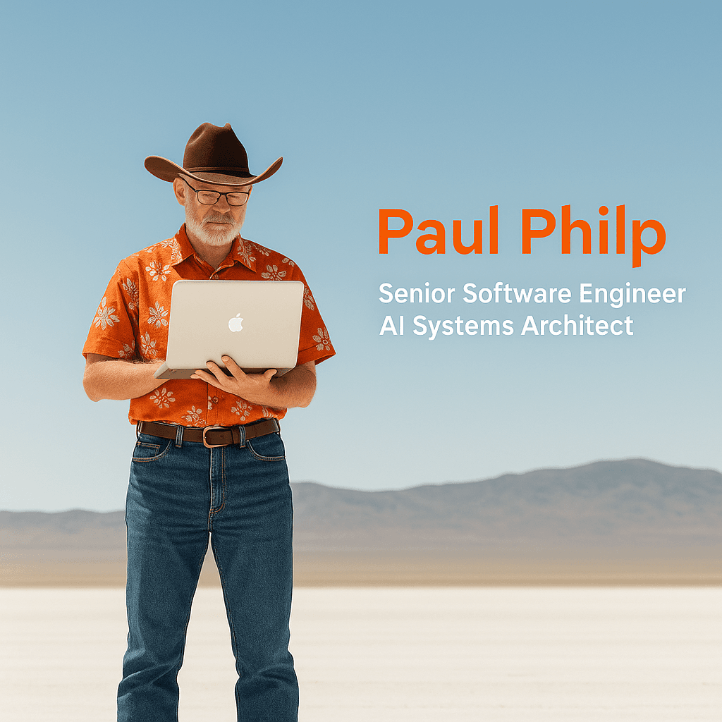 Paul Philp collaborating with an AI assistant in a modern workspace.
