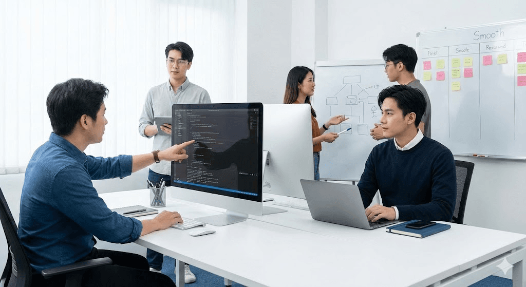 Team of engineers collaboratively working on a clean, organized whiteboard. Whiteboard header shows 'Smooth' and tasks are clearly prioritized. Desks are tidy, reflecting a calm and productive environment.