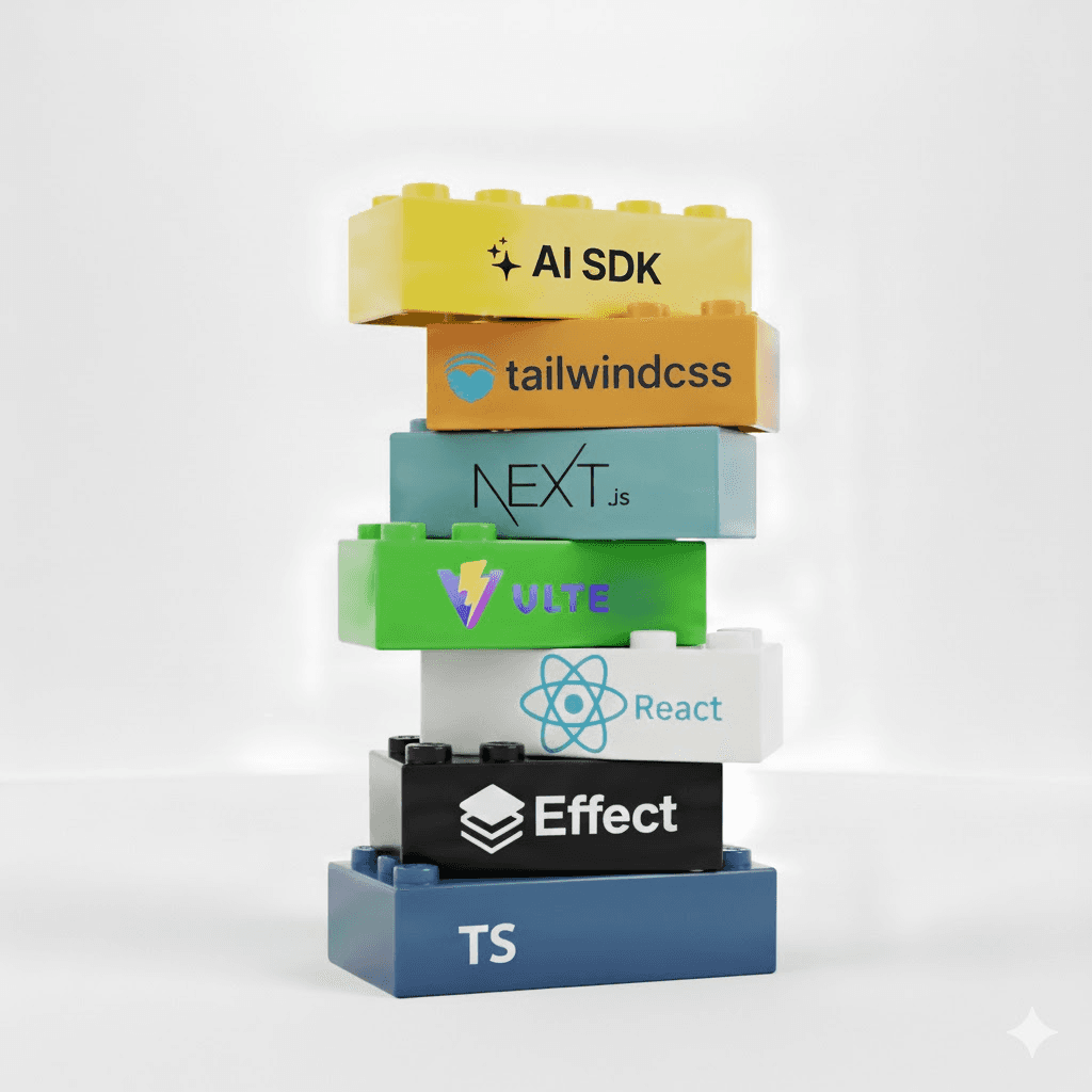 Stack of coloured bricks labeled TS, Effect, React, Next.js, Tailwind CSS, and AI SDK, representing Paul Philp's modern tech stack.