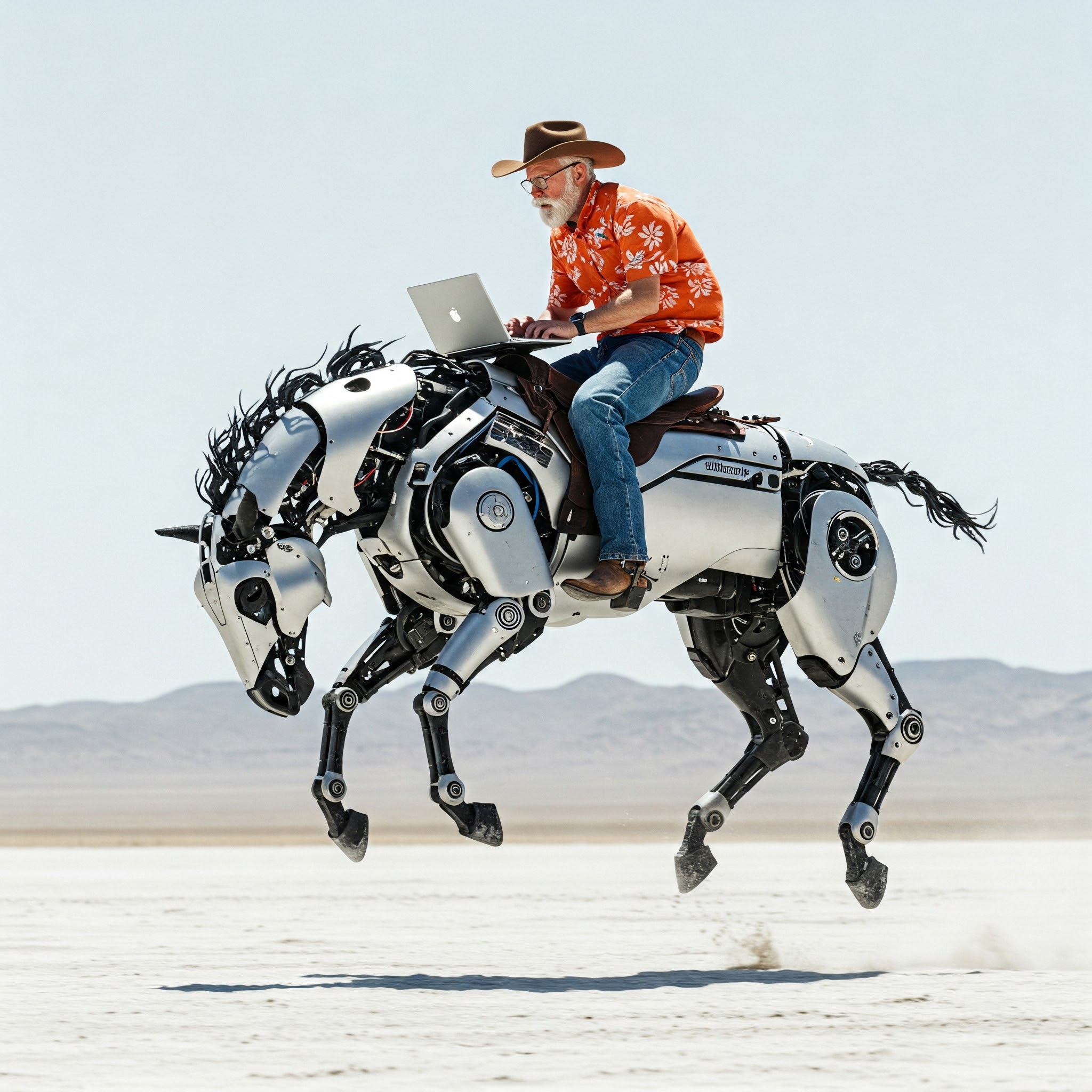 Paul Philp, greybeard software engineer, riding a robotic horse while working on a laptop.